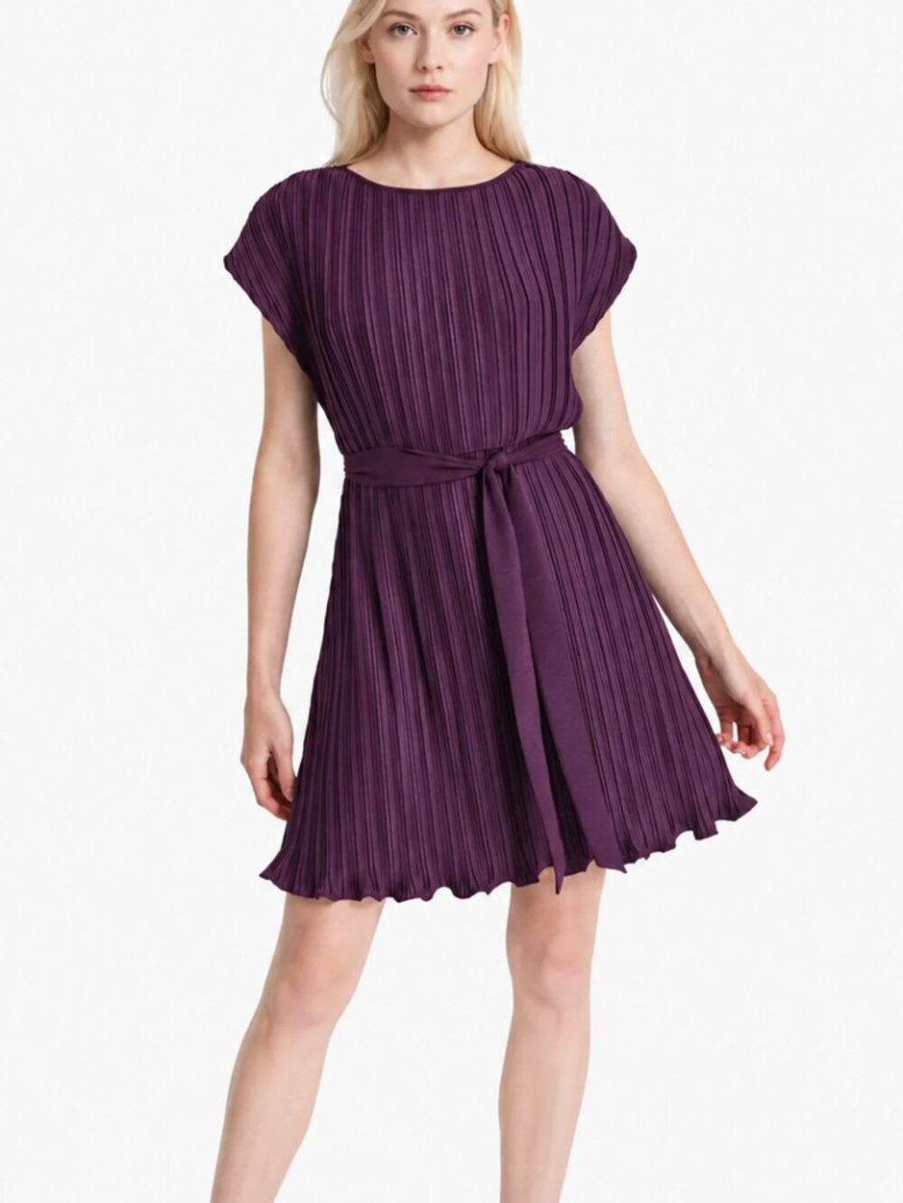 NWT DKNY Plum Purple Pleated Belted Fit & Flare Dress Size 6